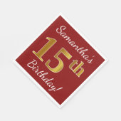 赤、フェイク金ゴールド15誕生日+名前をカスタムする スタンダードランチョンナプキン (角)