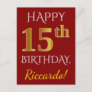 赤、フェイク金ゴールド15誕生日+名前をカスタムする ポストカード