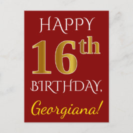 赤、フェイク金ゴールド16番目の誕生日+名前をカスタムする ポストカード