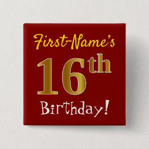 赤、フェイク金ゴールド16番目の誕生日、名前をカスタムする 缶バッジ