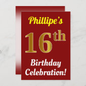 赤、フェイク金ゴールド16番目の誕生祝い+名前 招待状 (正面/裏面)