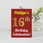 赤、フェイク金ゴールド16番目の誕生祝い+名前 招待状 (スタンド正面)