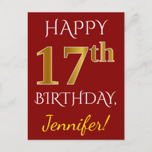 赤、フェイク金ゴールド17番目の誕生日+名前をカスタムする ポストカード