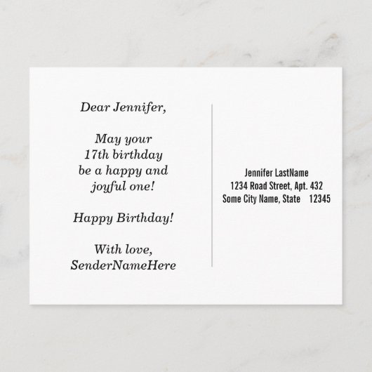 赤、フェイク金ゴールド17番目の誕生日+名前をカスタムする ポストカード (裏面)