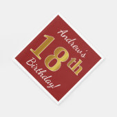 赤、フェイク金ゴールド18誕生日+名前をカスタムする スタンダードランチョンナプキン (角)