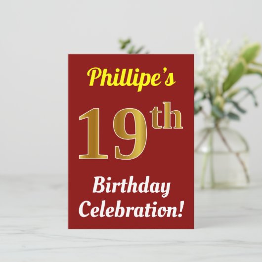 赤、フェイク金ゴールド19番目の誕生祝い+名前 招待状 (スタンド正面)
