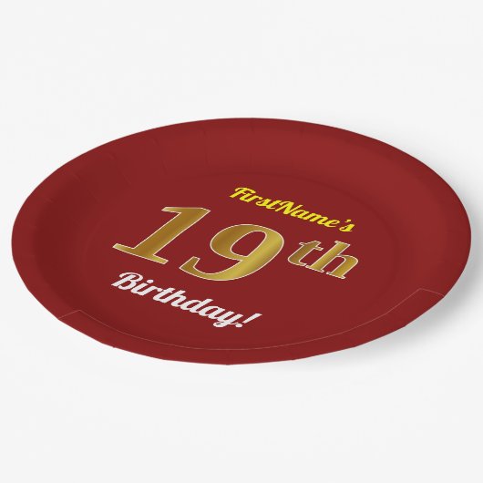 赤、フェイク金ゴールド19誕生日+名前をカスタムする ペーパープレート (アングル)