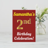 赤、フェイク金ゴールド2回目の誕生日お祝い+名前 招待状 (スタンド正面)