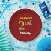赤、フェイク金ゴールド2回目の誕生日+名前をカスタムする ペーパープレート (パーティー)