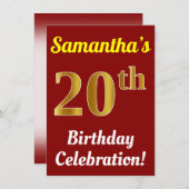 赤、フェイク金ゴールド20番目の誕生祝い+名前 招待状 (正面/裏面)