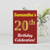 赤、フェイク金ゴールド20番目の誕生祝い+名前 招待状 (スタンド正面)