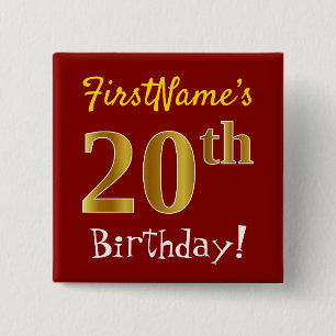 赤、フェイク金ゴールド20誕生日、名前をカスタムする付き 缶バッジ