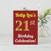 赤、フェイク金ゴールド21歳の誕生日お祝い+名前 招待状 (スタンド正面)