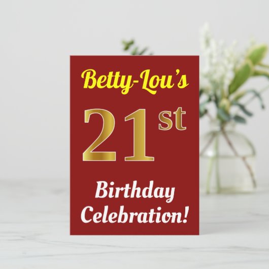 赤、フェイク金ゴールド21歳の誕生日お祝い+名前 招待状 (スタンド正面)