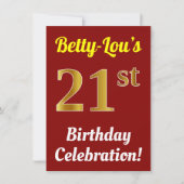 赤、フェイク金ゴールド21歳の誕生日お祝い+名前 招待状 (正面)