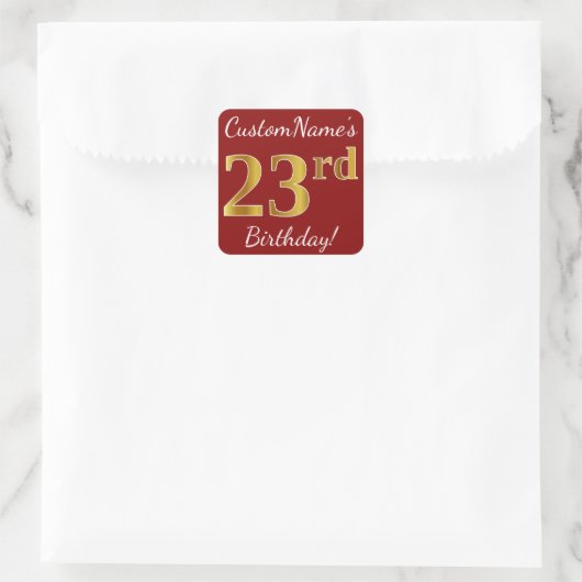 赤、フェイク金ゴールド23番目の誕生日+名前をカスタムするステッカー スクエアシール (バッグ)