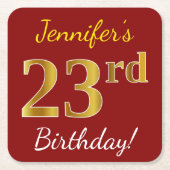 赤、フェイク金ゴールド23番目の誕生日+名前をカスタムする スクエアペーパーコースター (正面)