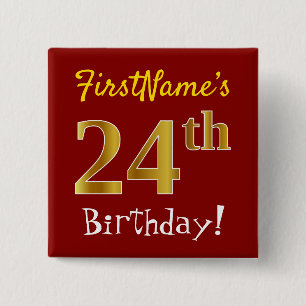 赤、フェイク金ゴールド24番目の誕生日、名前をカスタムする 缶バッジ