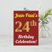 赤、フェイク金ゴールド24番目の誕生祝い+名前 招待状 (スタンド正面)