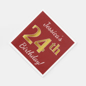 赤、フェイク金ゴールド24誕生日+名前をカスタムする スタンダードランチョンナプキン (角)