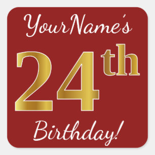 赤、フェイク金ゴールド24th誕生日+名前をカスタムするステッカー スクエアシール