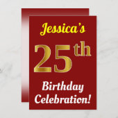 赤、フェイク金ゴールド25番目の誕生祝い+名前 招待状 (正面/裏面)