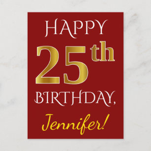 赤、フェイク金ゴールド25誕生日+名前をカスタムする ポストカード