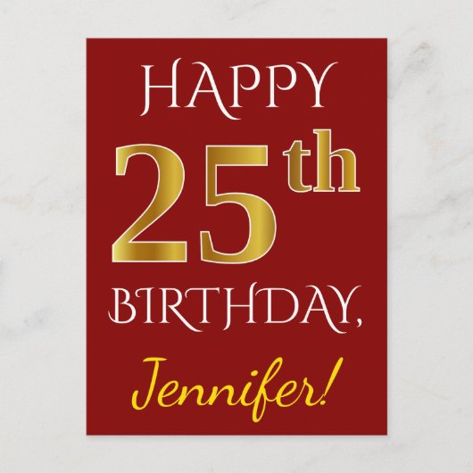 赤、フェイク金ゴールド25誕生日+名前をカスタムする ポストカード (正面)