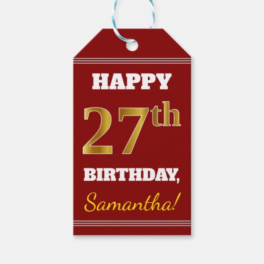 赤、フェイク金ゴールド27番目の誕生日+名前をカスタムする ギフトタグ (正面)