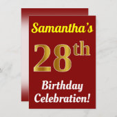 赤、フェイク金ゴールド28番目の誕生祝い+名前 招待状 (正面/裏面)