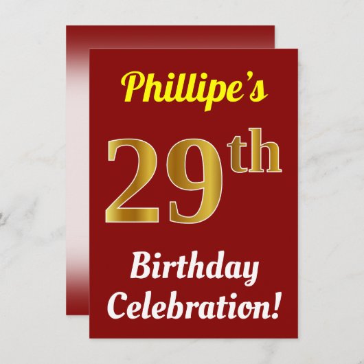 赤、フェイク金ゴールド29番目の誕生祝い+名前 招待状 (正面/裏面)