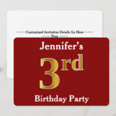 赤、フェイク金ゴールド3回目の誕生日パーティー+名前をカスタムする 招待状 (正面/裏面)