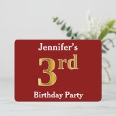 赤、フェイク金ゴールド3回目の誕生日パーティー+名前をカスタムする 招待状 (スタンド正面)
