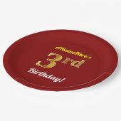 赤、フェイク金ゴールド3歳の誕生日+名前をカスタムする ペーパープレート (アングル)