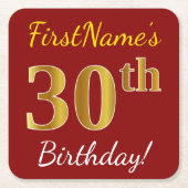 赤、フェイク金ゴールド30歳の誕生日+名前をカスタムする スクエアペーパーコースター (正面)