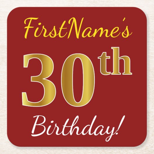 赤、フェイク金ゴールド30歳の誕生日+名前をカスタムする スクエアペーパーコースター (正面)