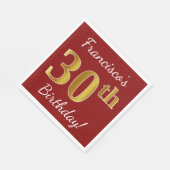 赤、フェイク金ゴールド30歳の誕生日+名前をカスタムする スタンダードランチョンナプキン (角)