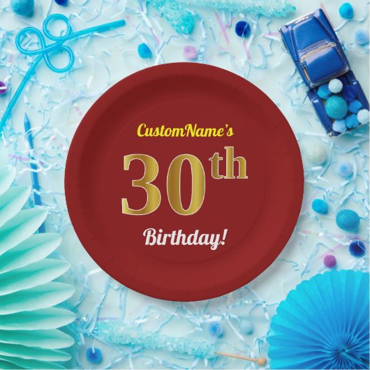 赤、フェイク金ゴールド30歳の誕生日+名前をカスタムする ペーパープレート (パーティー)