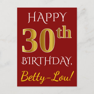赤、フェイク金ゴールド30歳の誕生日+名前をカスタムする ポストカード