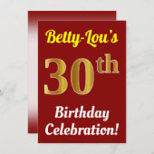 赤、フェイク金ゴールド30th誕生日お祝い+名前 招待状 (正面/裏面)