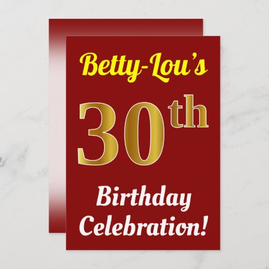 赤、フェイク金ゴールド30th誕生日お祝い+名前 招待状 (正面/裏面)