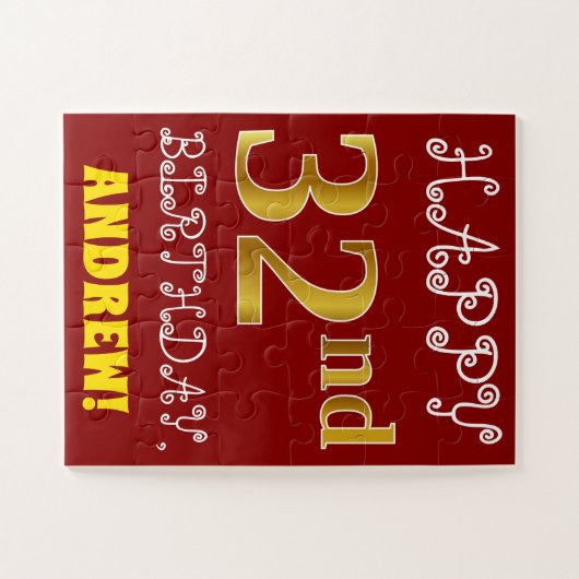 赤、フェイク金ゴールド32番目の誕生日+名前をカスタムするパズル ジグソーパズル (横)