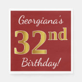 赤、フェイク金ゴールド32番目の誕生日+名前をカスタムする スタンダードランチョンナプキン (正面)