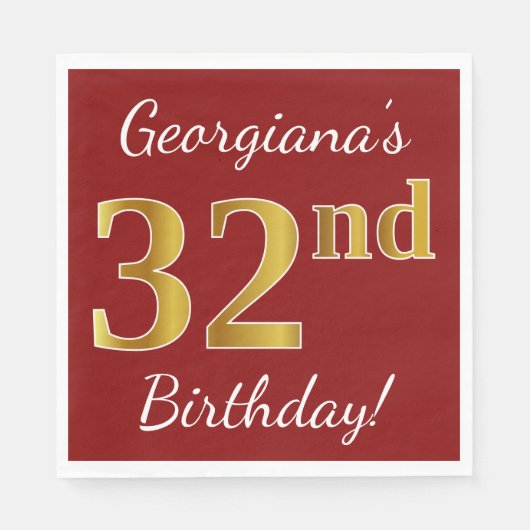 赤、フェイク金ゴールド32番目の誕生日+名前をカスタムする スタンダードランチョンナプキン (正面)