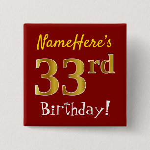 赤、フェイク金ゴールド33番目の誕生日、名前をカスタムする付き 缶バッジ