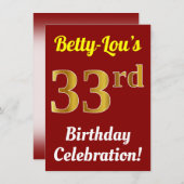 赤、フェイク金ゴールド33番目の誕生祝い+名前 招待状 (正面/裏面)