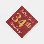 赤、フェイク金ゴールド34番目の誕生日+名前をカスタムする スタンダードランチョンナプキン (角)