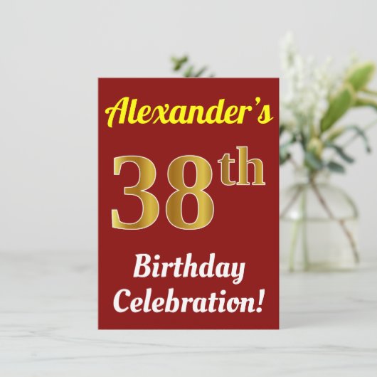 赤、フェイク金ゴールド38番目の誕生祝い+名前 招待状 (スタンド正面)