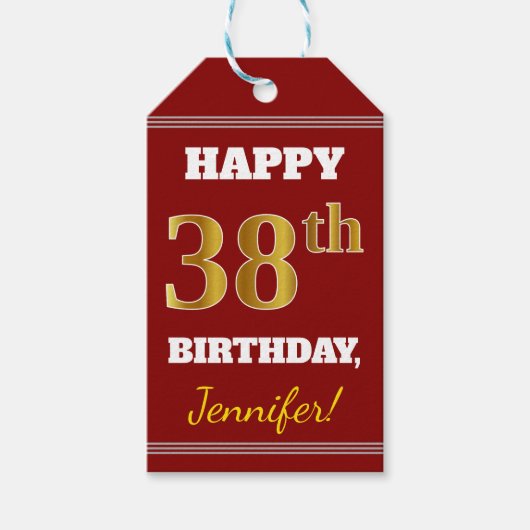 赤、フェイク金ゴールド38誕生日+名前をカスタムする ギフトタグ (正面)