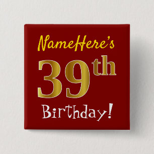 赤、フェイク金ゴールド39誕生日、名前をカスタムする付き 缶バッジ